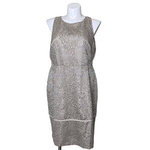 Calvin Klein NWT $188 Lace Halter Cocktail Dress, Beige/Silver Metallic Size 14W
